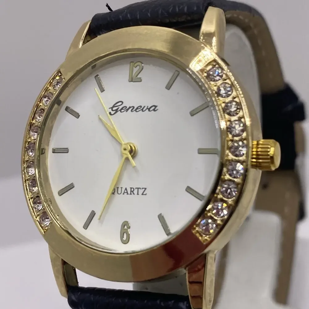 Geneva Gold Tone Rhinestone Black Leather Watch New Battery